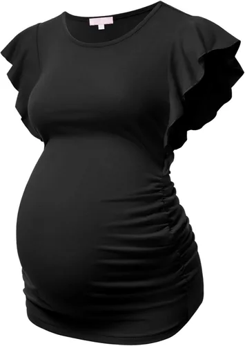 Bhome Camiseta de maternidad con manga corta voladora, fruncido lateral, blusa para embarazada, túnica casual de embarazo