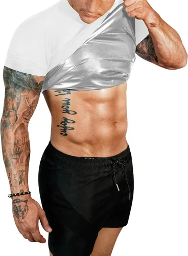 Vista 8 de FUXERT - Camisa de sauna para hombre, traje de sudor para gimnasio, ejercicio, camisa de compresión, ropa de entrenamiento moldeadora