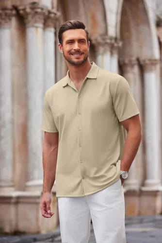 Vista 4 de COOFANDY Camisa casual con botones para hombre, manga corta, sin arrugas, camisa de verano Negro