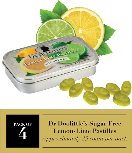 Vista 2 de DOOLITTLE Dr - Pastillas de frutas suaves sin azúcar para voz y garganta, sabor limón y lima, lata de 2.12 onzas, paquete de aproximadamente 25