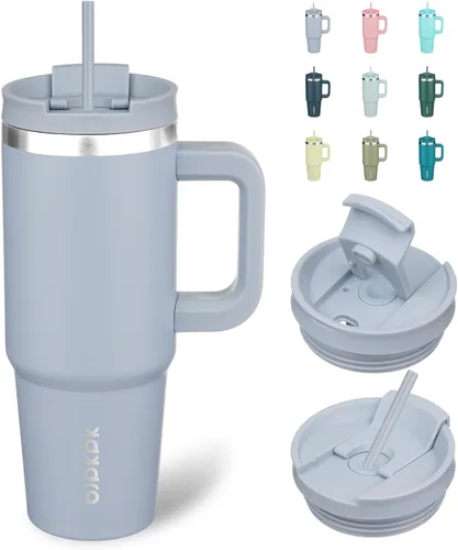 Vista 42 de BJPKPK Vasos aislados con asa y pajita, vasos térmicos de acero inoxidable de 30 onzas con tapa, color verde militar