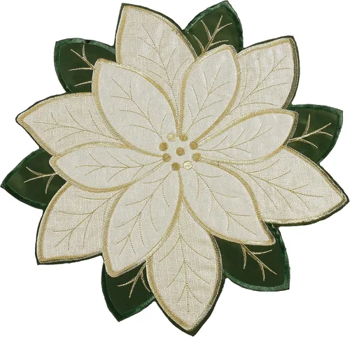 OWENIE Juego de 4 manteles individuales de Navidad, Tela bordada con destello dorado brillante con flores de nochebuena, manteles redondos de 38 cm,