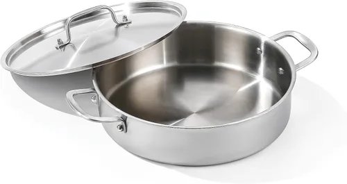 Vista 7 de DELARLO Sartén de acero inoxidable de tres capas de 3.5 cuartos de galón con tapa, olla Rondeau de inducción con tapa, sartén de 12 pulgadas