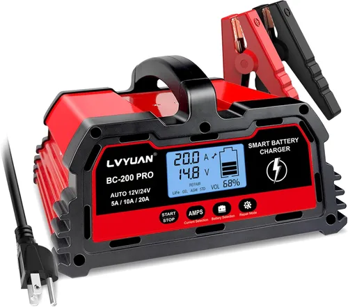 LVYUAN Cargador de batería de 20 A, 12 V/24 V, cargador de batería inteligente para automóvil con cargador de goteo, cargador LiFePO4 de 12 V,