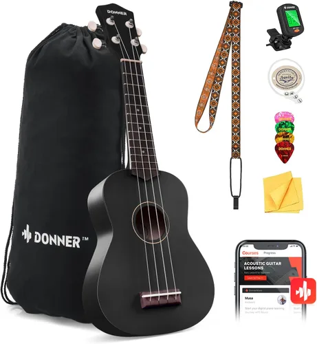 Donner Ukulele Soprano para Principiantes de 21 Pulgadas, Ukulele Mate, Kit para Principiantes con Bolsa, Correa, Afinador, Cuerdas, Púas, Paño,