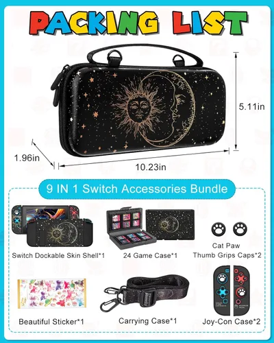 Vista 3 de Funda 9in1 Sun Moon Witchy Switch para Nintendo Switch, fundas de transporte y accesorios de almacenamiento, kit de agarre para pulgar+soporte