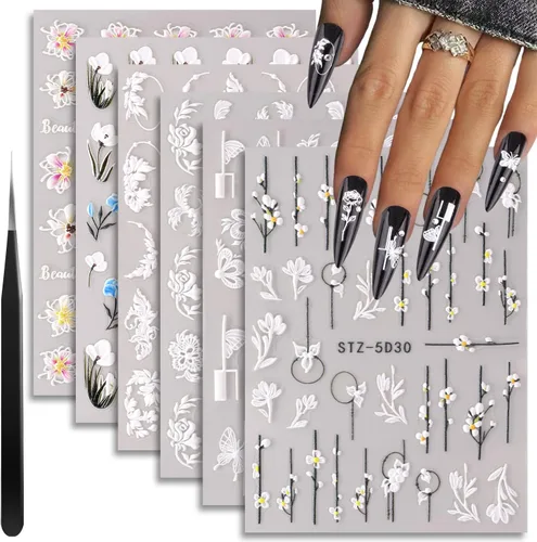 Vista 10 de Calcomanías de uñas con flores 5D para arte de uñas, 3 hojas de calcomanías de uñas en relieve, calcomanías autoadhesivas, calcomanías de arte