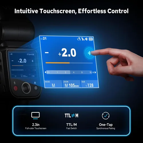 Vista 3 de Godox V100 C V100-C Flash para Canon, 100Ws TTL Canon Speedlite HSS 1/8000S, Control de Pantalla Táctil, 400 Flashes de Potencia Completa, Batería