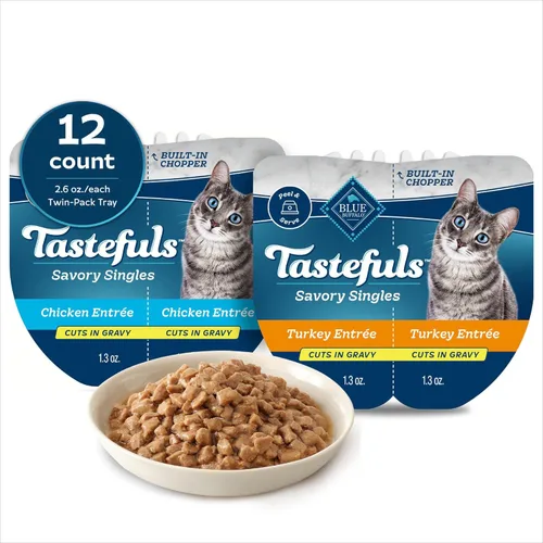 Blue Buffalo Tastefuls Savory Singles - Paquete variado de comida húmeda para gatos en salsa, bandejas de 2.6 onzas, entreé de pollo y pavo (12