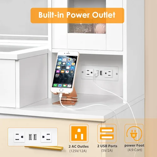 Vista 6 de BEWISHOME Tocador Grande de 49.2" con Espejo y Luces, Mesa de Maquillaje Blanca con Superficie de Vidrio, Taburete, Escritorio de Maquillaje