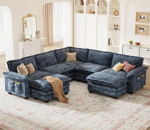 Vista 20 de KKL Sofá cama modular seccional, sofá de nube de 4 plazas con otomana, sofás seccionales de felpilla para sala de estar, apartamento, beige