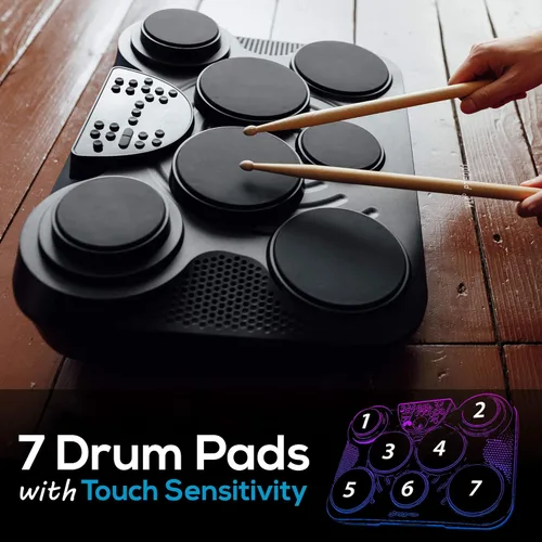 Vista 5 de Juego de batería digital de mesa electrónico Pyle, kit compacto y portátil de almohadillas táctiles con 8 pads y pedales, 600 sonidos, salidas USB