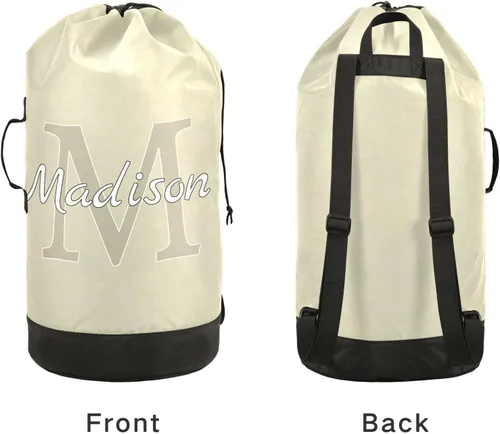 Vista 4 de Beige Bolsa de lavandería de viaje de nylon personalizada para equipaje Organizador de ropa sucia personalizada con cierre de cordón y correas