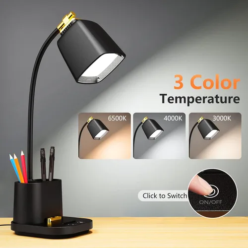 Vista 2 de Lámpara LED de escritorio con puerto de carga USB, control táctil, 3 modos de color, atenuación sin escalones, lámpara de mesa LED para cuidar