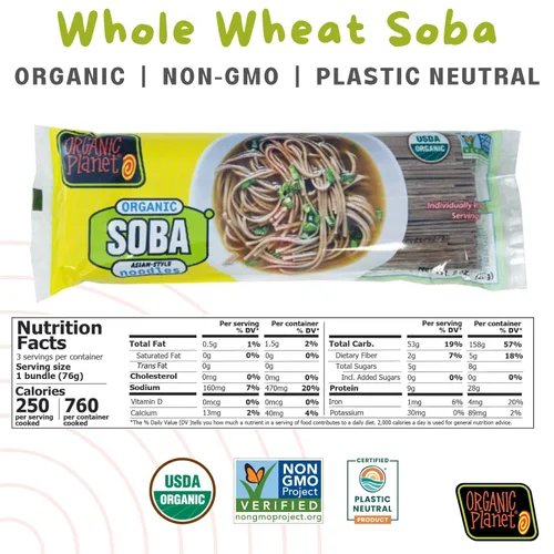 Vista 2 de Fideos orgánicos de soba, hechos con trigo y trigo sarraceno, pasta asiática seca, cocción rápida, sin OMG, 8 onzas (paquete de 1)