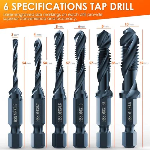 Vista 4 de THINKWORK Juego de brocas combinadas, 6 piezas 3 en 1 con revestimiento de titanio negro antióxido, herramienta de broca de rosca con punta de rosca