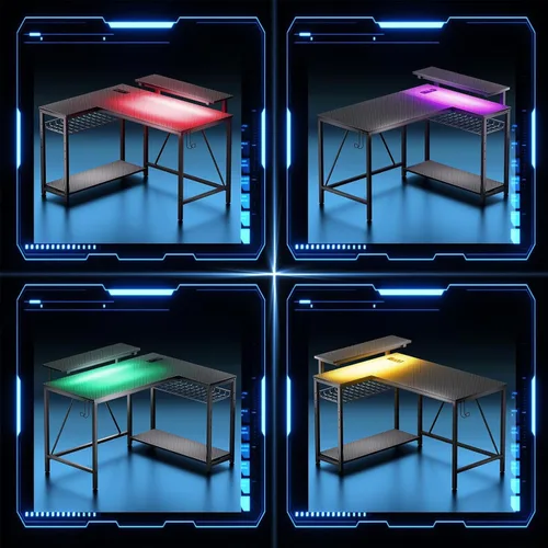 Vista 7 de Bestier - Escritorio de juegos con tomas de corriente, escritorio para computadora de 42 pulgadas en forma de L con luces LED, escritorio