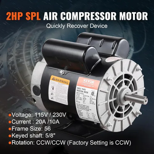Vista 2 de VEVOR Motor Eléctrico de Compresor de Aire de 2 HP, 115/230V, 20/10 Amperios, Marco 56 3450 RPM, Eje Claveado de 5/8 Pulgadas, Longitud de Eje
