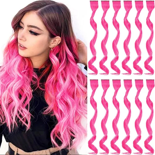 Vista 11 de GPOVVIMX 12 extensiones de cabello azul con clip, extensiones rizadas y onduladas de color para niños y niñas, extensiones sintéticas con reflejos