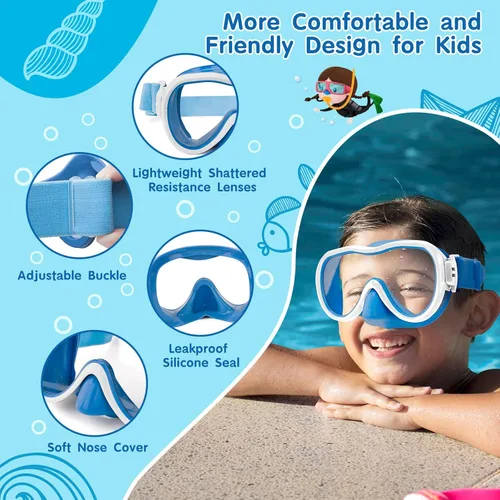 Vista 3 de iGym Gafas de natación para niños, máscara de buceo, máscara de buceo, gafas de natación con cubierta de nariz y correas elásticas cubierta y bolsa