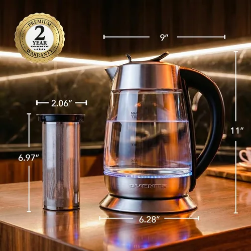 Vista 8 de OVENTE Hervidor de té eléctrico con control de temperatura e infusor de té extraíble, hervidor y calentador de agua de 1500W con vidrio