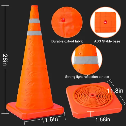 Vista 6 de Paquete de 12 conos de seguridad plegables de tráfico de 28 pulgadas, conos de estacionamiento con collares reflectantes, conos de seguridad