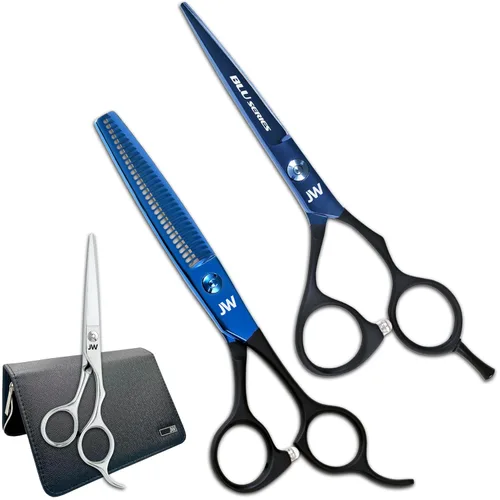 JW - Tijera de corte de pelo Blu a juego y diluyente, cizalla y estuche con compensación extra (5.25 pulgadas)