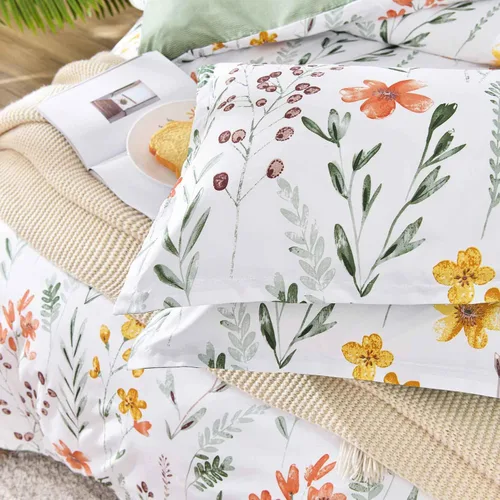 Vista 20 de Juego de funda de edredón floral tamaño individual – Juego de funda de edredón de microfibra con estampado botánico de flores amarillas y hojas