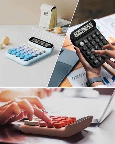 Vista 6 de Calculadora de interruptor mecánico, JS05, calculadora básica de escritorio de 10 dígitos para oficina, escuela, hogar, uso comercial (azul)