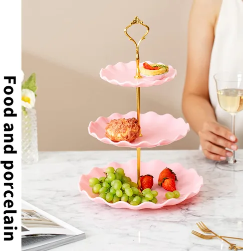 Vista 3 de 3 soportes de plástico rosa de 3 niveles para cupcakes de postre, torre de exhibición de dulces de frutas para bodas, fiestas de cumpleaños, fiestas
