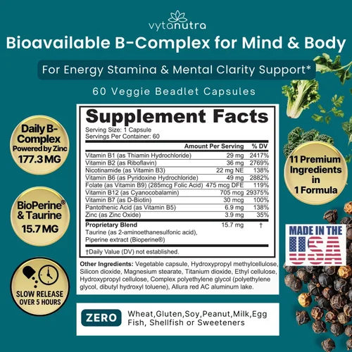 Vista 3 de Plus B 11 en 1 Beadlet Capsule – Complejo B completo con B1, B2, B3, B5, B6, B7, B9, B12 – Liberación cronometrada para energía, vitalidad, cerebro