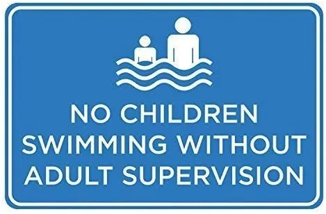 Lilyanaen Letrero de metal de aluminio, con texto en inglés "No Children Swimming Without Adult Supervision Print", color azul y blanco, símbolo de