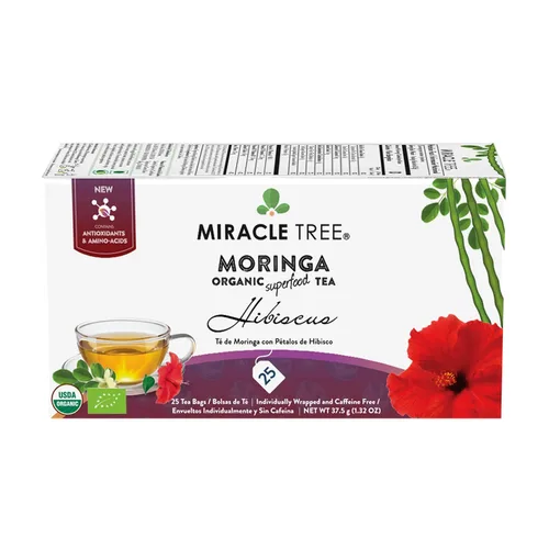 Vista 3 de Miracle Tree - Organic Moringa Superfood Tea, 2 Pack Bundle, 2x25 Individually Sealed Tea Bags (Hibiscus, Green Tea)