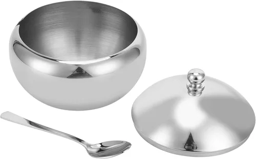 Vista 5 de Tazón de condimento, azucarero de acero inoxidable con tapa y cuchara, botella de almacenamiento de cocina, ollas de condimentos ideales