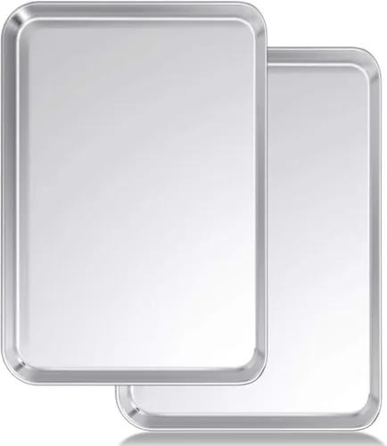 Vista 9 de Wildone - Juego de 2 bandejas para hornear de acero inoxidable, bandeja para galletas, tamaño 9 x 7 x 1 pulgada, no tóxico, resistente, acabado