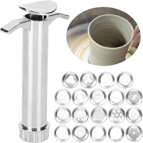 Vista 3 de 1 juego de extrusora de arcilla plateada, extrusora de lodo multifunción herramienta de escultura de modelado con 19 moldes de punta para prensas