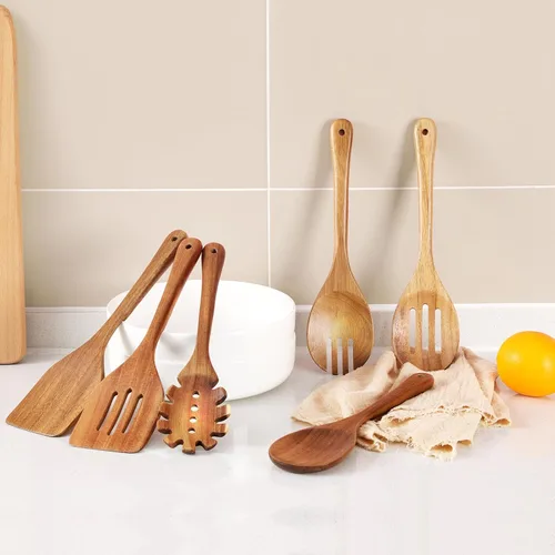 Vista 9 de Utensilios de cocina de madera, 6 piezas de cucharas de madera de acacia natural para cocinar con diseño antiadherente y resistente al calor, juego