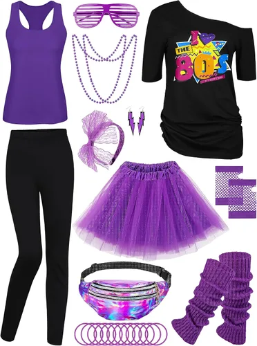 Conjunto de 24 piezas de accesorios para disfraz de los años 80 para mujer, camiseta de cosplay de los años 80, pantalones tutú, espalda cruzada,