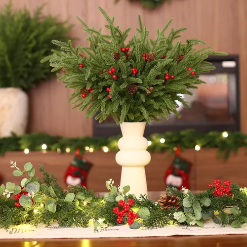 Vista 7 de 24 piezas de tallos de pino Norfolk, ramas de pino artificiales de Navidad de 17", tallos de vegetación artificial de imitación, tallos de cedro