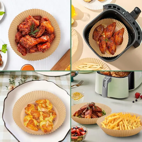 Vista 7 de Forro de papel para freidora de aire, material no blanqueado y biodegradable, papel de pergamino desechable antiadherente para freír, hornear, asar