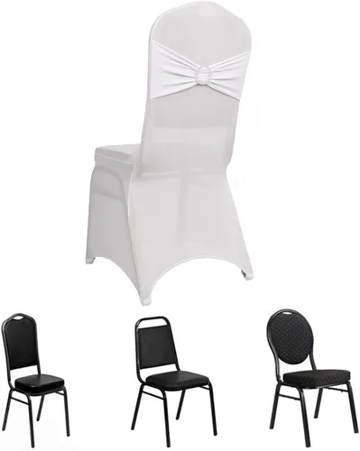 Vista 46 de Efavormart - Funda para silla de banquete de elastano beige con banda de hebilla de diamantes de imitación plateados, funda elástica para silla