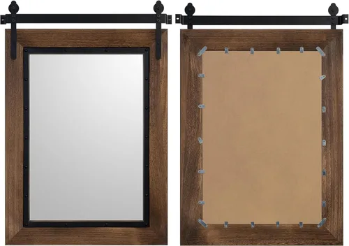 Vista 3 de YOSHOOT Espejo de Puerta de Granero Estilo Granja, 32"x24" Espejo de Baño Rústico, Espejo de Pared con Marco de Madera, Espejo de Madera para Sala