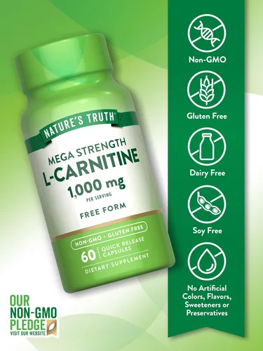 Vista 3 de Nature's Truth L-carnitina 1000mg 60 cápsulas Mega fuerza Forma libre Suplemento sin OMG y sin gluten