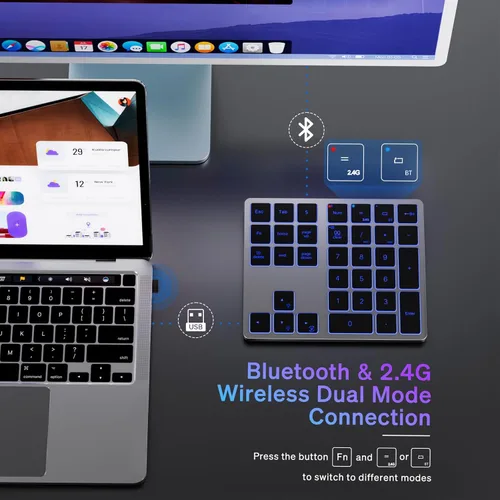 Vista 3 de Doohoeek Teclado numérico inalámbrico USB Bluetooth y 2.4G para portátiles, ordenadores PC, Macbooks y tabletas, teclado numérico de modo dual de 34
