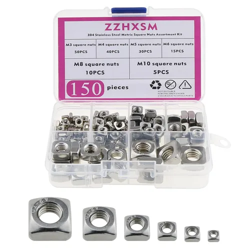 Kit surtido de tuercas cuadradas métricas de acero inoxidable 304, 150 piezas, M3-M10, plata