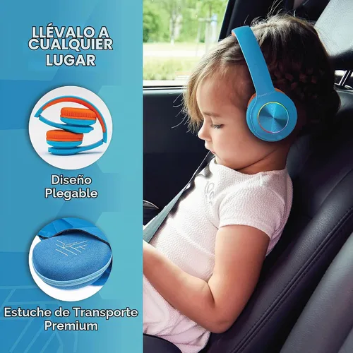 Vista 7 de PowerLocus PLED Auriculares Bluetooth para Niños, Auriculares Inalámbricos para Niños con Luces LED, Volumen Seguro de 74/85/94dB, Micro SD, Cable