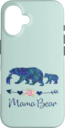 Teal Blue Purple Floral Mama Bear and Two Cubs Green Mint Case for iPhone 16