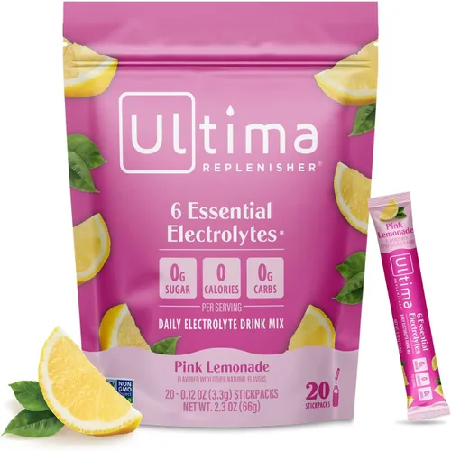 Ultima Replenisher Mezcla diaria de electrolitos en polvo, sin azúcar, limonada rosa, 20 paquetes de barras, hidratación con 6 electrolitos y