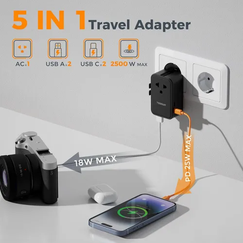 Vista 4 de TESSAN International Power Adapter PD 25W, Ultra Thin Universal Travel Adapter, Worldwide Outlet Plug with 2 USB A 2 USB C for US to European UK