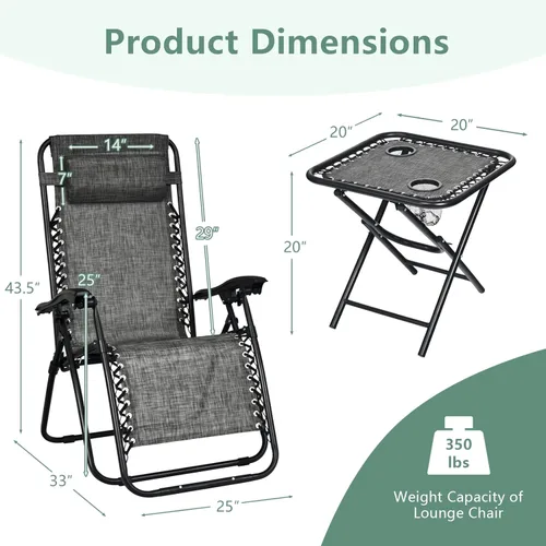Vista 9 de HAPPYGRILL Juego de sillas de salón Zero Gravity con mesa auxiliar, sillas reclinables plegables con mesa auxiliar y almohada, juego de 3 piezas
